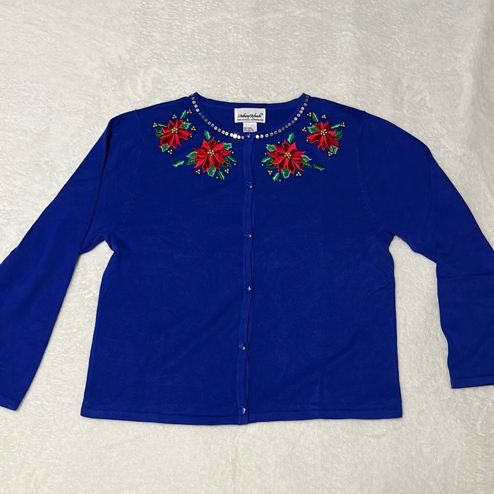 Vintage Anthony Richards blue Christmas poinsettia holiday cardigan winter